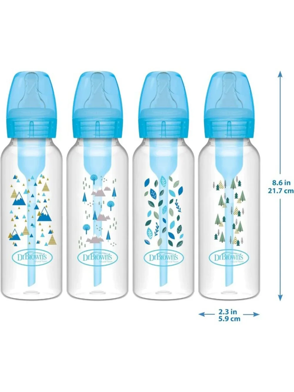 Anti-Colic Baby Bottles, 8 oz, Slow Flow Nipples, 4 Pack, Blue Nature Design